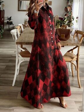 Argyle Print Button-Down Maxi Dress